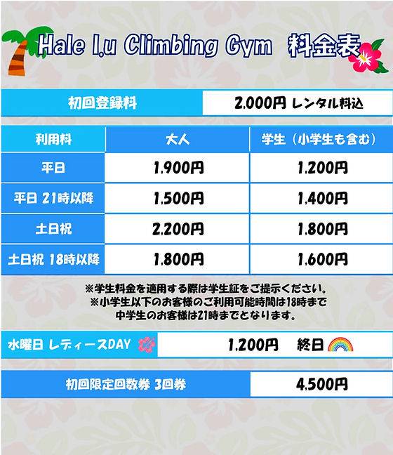 Hale l.u Climbing Gym 料金表